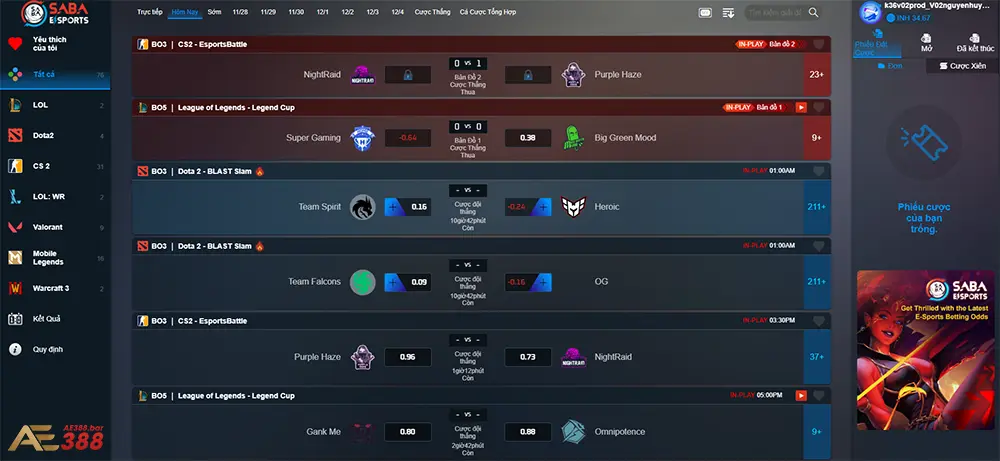 Khuyến mãi hấp dẫn dành cho thành viên chơi Esports AE388